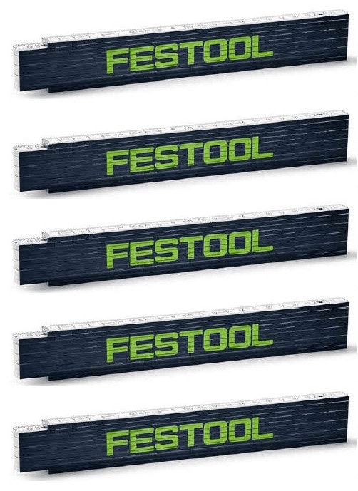 Festool Meterstab 201464 5er-Pack – 2 Meter Gliedermaßstäbe aus Holz mit Stahlgelenken