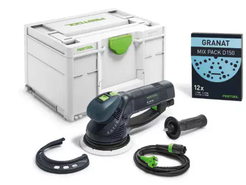 Festool ROTEX RO 150 FEQ-Plus Exzenterschleifer mit 150 mm Schleifteller, im Systainer geliefert, inklusive Gratis Granat Schleifmittel-Set.