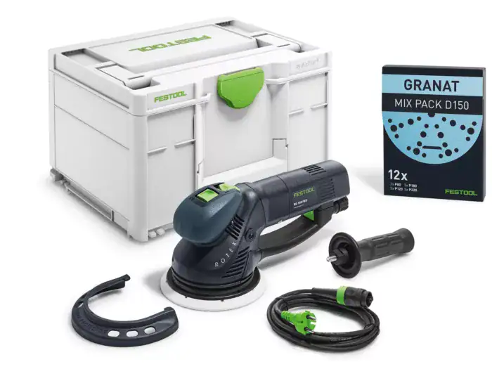 Festool ROTEX RO 150 FEQ-Plus Exzenterschleifer mit 150 mm Schleifteller, im Systainer geliefert, inklusive Gratis Granat Schleifmittel-Set.