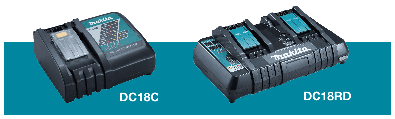 Makita Ladegeräte DC18C und DC18RD, jeweils für schnelles Laden von Akkus.