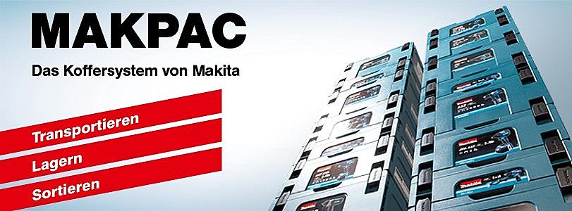 Makita MAKPAC Koffersystem mit stapelbaren Koffern, ideal zum Transportieren, Lagern und Sortieren.