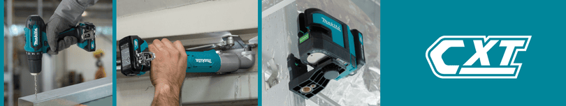 Makita CXT 12V Max Werkzeuge im Einsatz, darunter ein Akkuschrauber und andere kompakte Geräte, mit dem CXT-Logo.