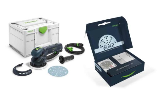 Festool ROTEX RO 150 FEQ-Plus Exzenterschleifer mit Starter-Set Granat D150 auf weißem Hintergrund