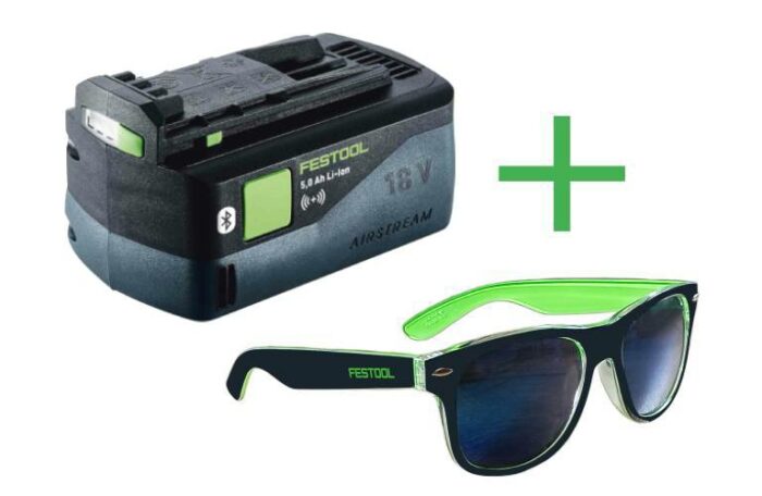 Festool Akkupack BP 18 Li 5,0 ASI – leistungsstarker 18V Lithium-Ionen-Akku mit 5,0 Ah für langanhaltendes Arbeiten mit Festool-Geräten, inklusive kostenloser Festool Sonnenbrille als Zugabe