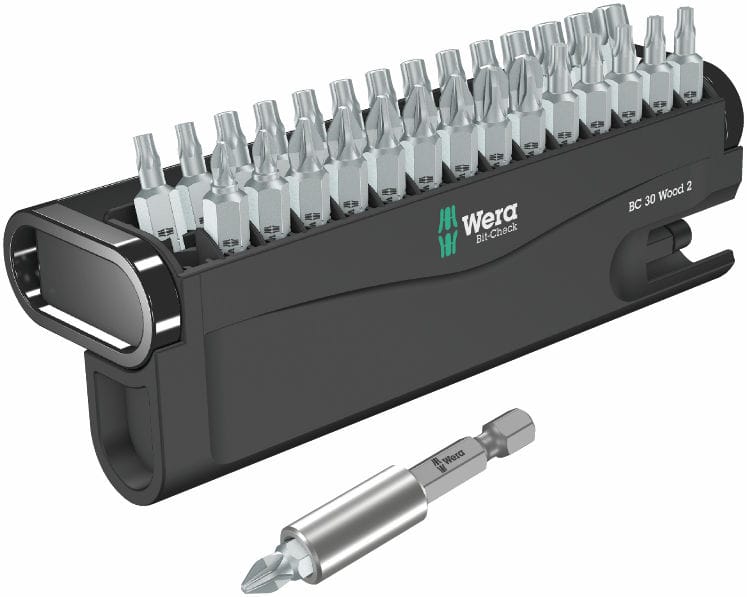 Kompakter Wera Bit-Check 30 Wood 2 mit 30-teiligem Bit-Set für Holzanwendungen.