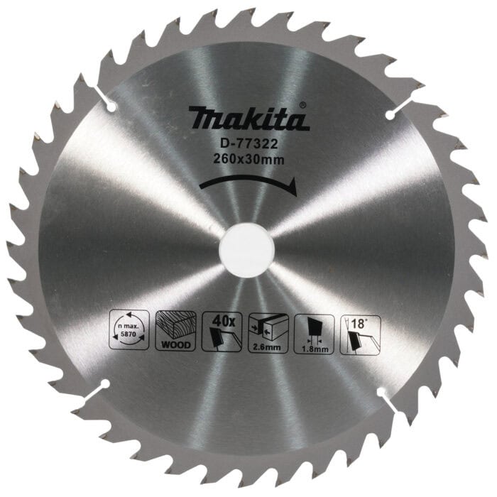 Makita Sägeblatt TCT 260x30x40Z D-77322 – 260 mm, 40 Zähne, präzise Holzschnitte. Perfekt für Kapp-, Gehrungs- & Tischkreissägen. Jetzt sichern!