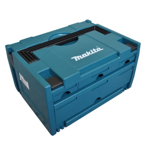 Makita MAKSTOR 3.4 Aufbewahrungskoffer mit vier Schubladen, Auszugssperre und Trennwänden für Kleinteile, kompatibel mit MAKPAC-System.