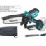 Makita Akku-Astsäge UC029GZ mit kurzem Schwert und ergonomischem Griff, daneben ein 40V XGT BL4040F Akku