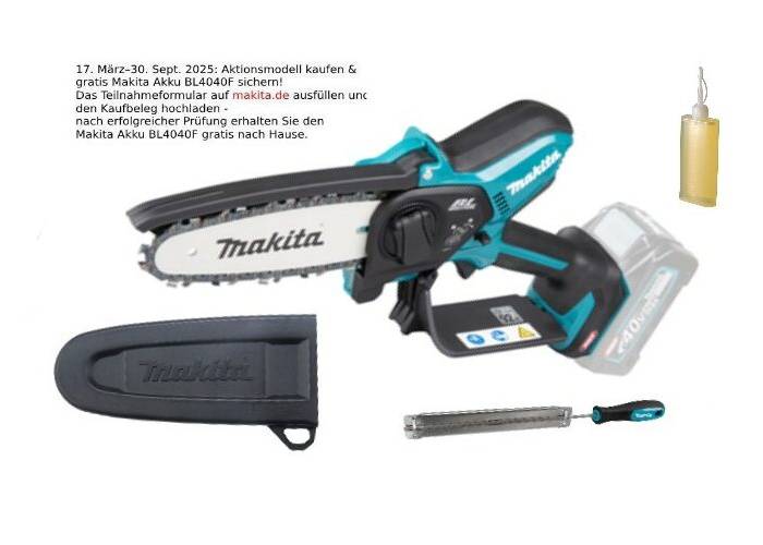 Makita Akku-Astsäge UC029GZ mit kurzem Schwert und ergonomischem Griff, daneben ein 40V XGT BL4040F Akku