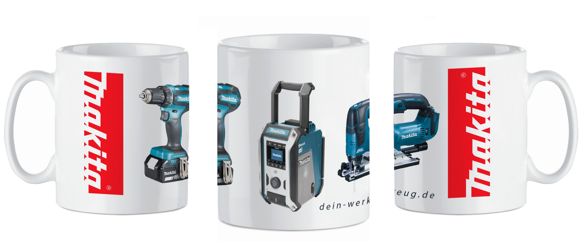 Weiße Makita Kaffeetasse mit Logo – erhältlich bei dein-werkzeug.de
