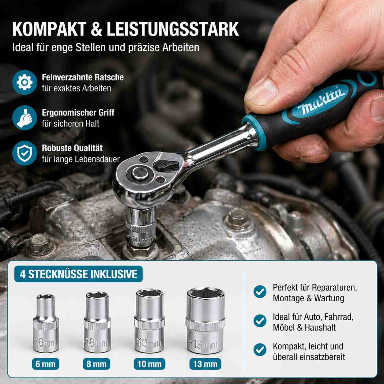 Makita 1/4″ Ratschen-Set mit Stecknüssen 6–13 mm – Bild 3