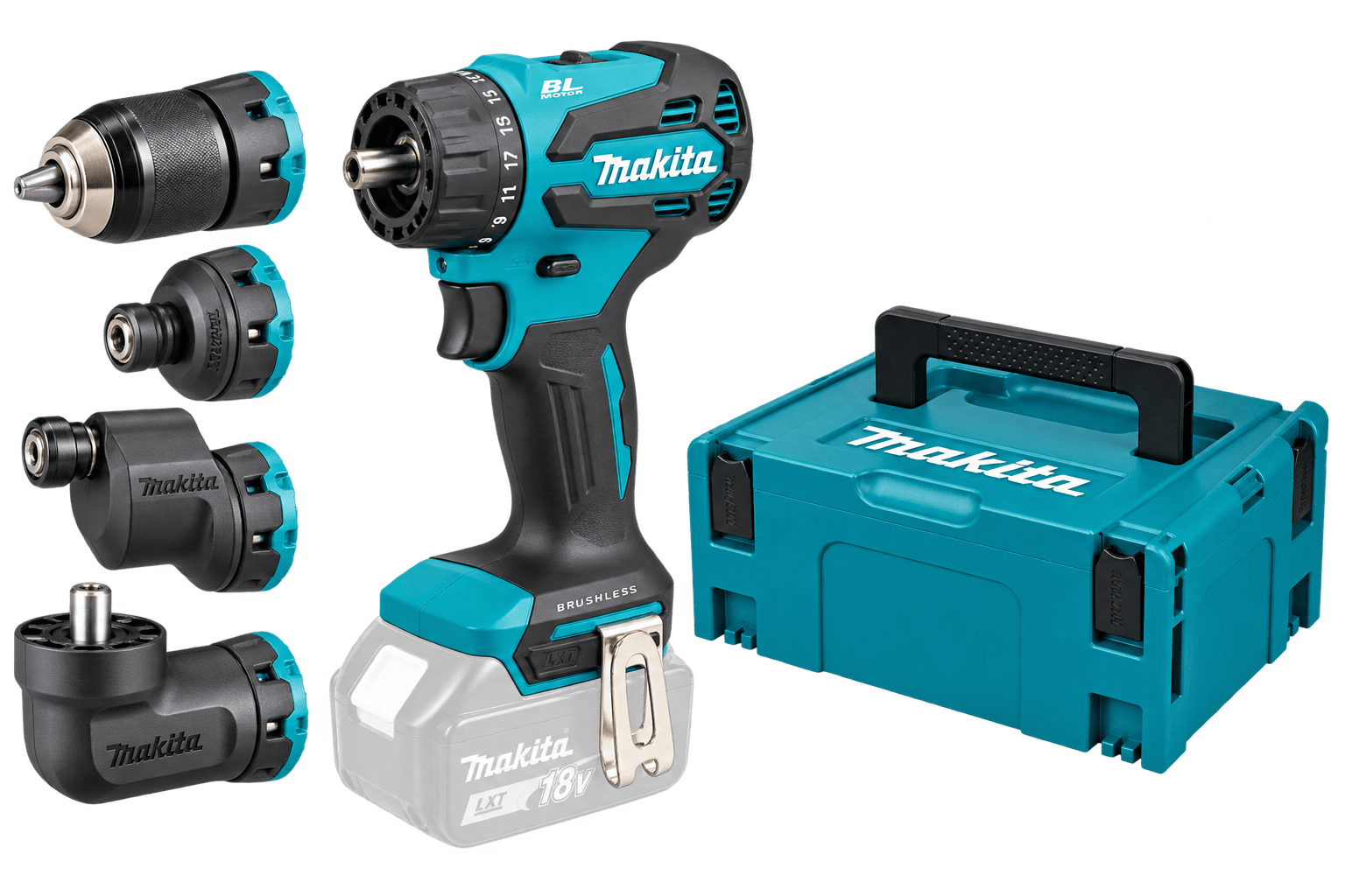 Makita DDF491ZJ01 18V Akku-Bohrschrauber mit 4 Wechselaufsätzen und MAKPAC