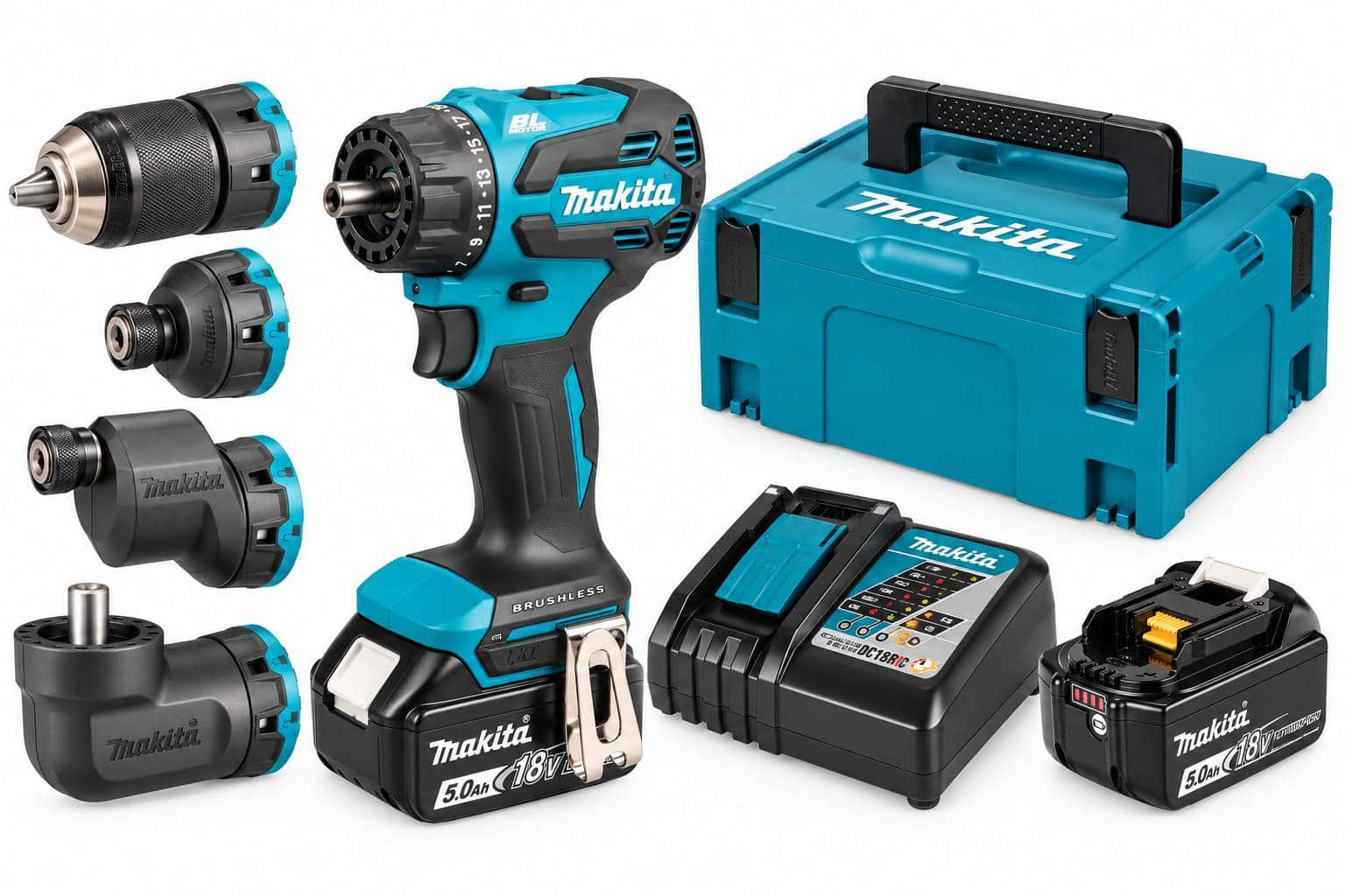 Makita DDF491RTJ 18V Akku-Bohrschrauber mit 4 Aufsätzen, 2x 5,0 Ah Akku, Ladegerät und MAKPAC