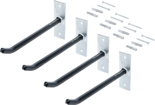 BGS Felgen-Wandhaken-Satz 88304, 4 schwarze Wandhaken aus Stahl, 250 mm, inklusive Schrauben und Dübel