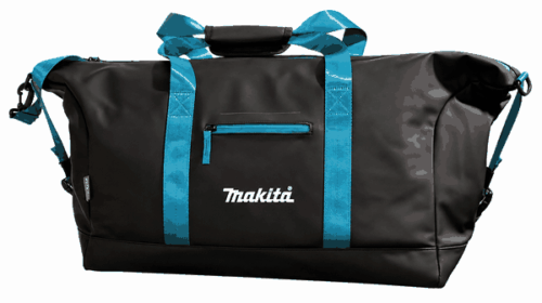 Makita Werkzeugtasche und Reisetasche in Schwarz/Türkis mit Tragegriffen, kleiner Außentasche und Schultergurt, 75 cm lang.