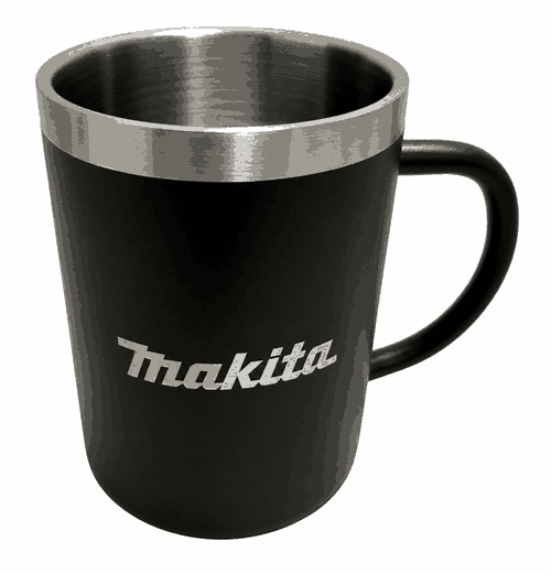 Makita Thermobecher XGT 40V max in Schwarz mit Edelstahl-Innenseite, Henkel und Makita-Logo auf der Vorderseite.