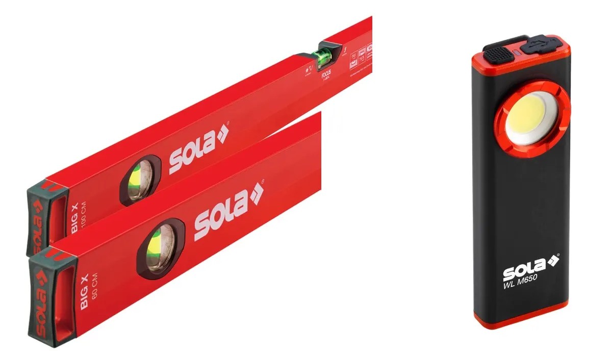SOLA Wasserwaagen-Set BIG X 60 cm und BIG X 3 100 cm mit gratis WL M650 Mini-Arbeitsleuchte – präzises Ausrichten und Messen