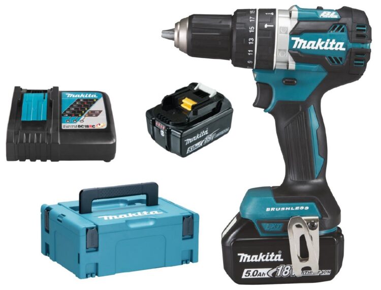 Makita Akku-Schlagbohrschrauber DHP484RTJ 18V mit 5,0Ah – leistungsstark und vielseitig.