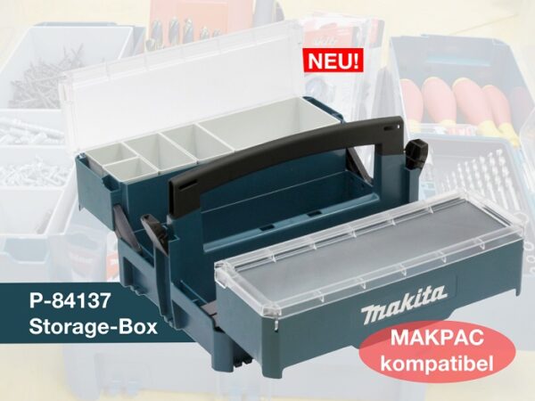 „Makita Storage-Box P-84137 mit zwei aufklappbaren Fächern und fünf herausnehmbaren Einsätzen, stapelbar auf MAKPAC