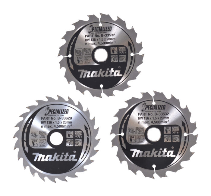 Makita Sägeblatt-Set 3-teilig für Akku-Handkreissäge, ideal für präzise Holzschnitte mit 2x 16 und 1x 24 Zähnen, Ø 136 mm