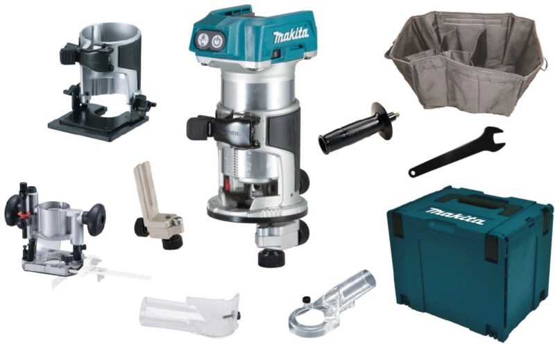 Makita DRT50ZJX2 Akku-Multifunktionsfräse 18V mit Oberfräsen-, Kantenfräsen- und Winkelfräsmodul im MAKPAC